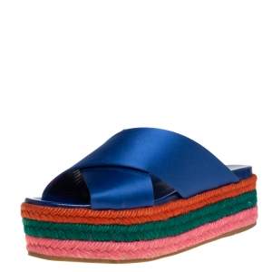 Miu Miu Blue Satin Criss Cross Espadrille Slide Sandals Size 35.5 