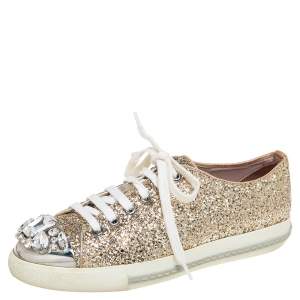 Pre Owned Miu Miu Gold Glitter Crystal Embellished Metal Cap Toe Low Top Sneakers Size 37