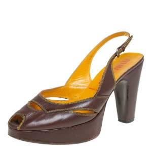 Miu Miu Brown Leather Peep Toe Slingback Sandals Size 37