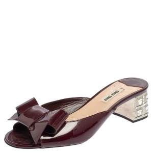 Miu Miu Maroon Patent Leather Bow Slide Sandals Size 37.5