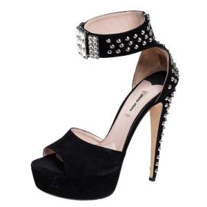 Miu Miu Black Suede Crystal Embellished Studded Heel Ankle Cuff Platform Sandals Size 40
