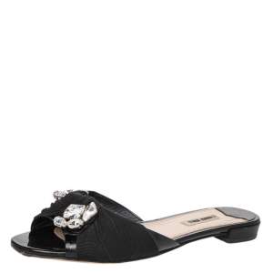 Miu Miu Black Patent Leather And Fabric Crystal Embellished Slide Sandals Size 39.5