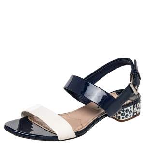 Miu Miu Blue/White Patent Leather Low Crystal Sandals Size 36