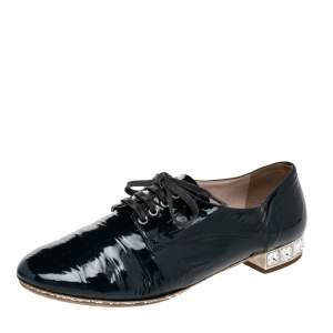 Miu Miu Navy Blue Patent Leather Crystal Embellished Heel Lace Derby Size 37