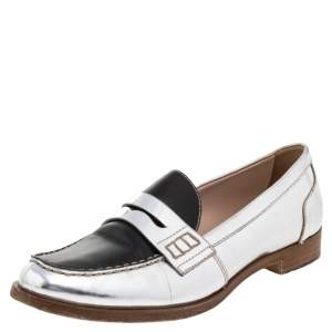 Miu Miu Silver/Black Patent And Leather Slip on Loafers Size 38