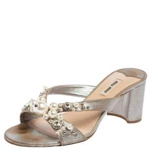 Miu Miu Silver Leather Crystal And Pearl Embellished Slide Sandals Size 38.5