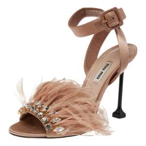Miu Miu Beige Satin And Feather Crystal Embellished Ankle Strap Sandals Size 37