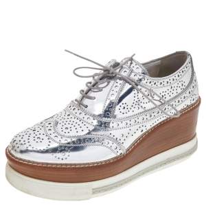 Miu Miu Silver Brogue Leather Platform Lace Up Oxford Size 35