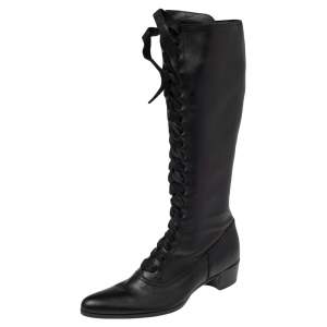 Miu Miu Black Leather Lace Up Thigh High Boots Size 38.5