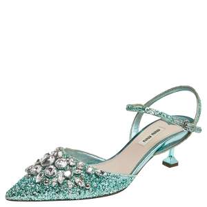 Miu Miu Green Glitter Crystal Embellished Kitten Heel Ankle Strap Sandals Size 38