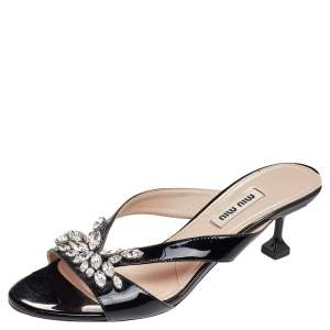 Miu Miu Black Patent Leather Crystal Slide Sandals Size 37