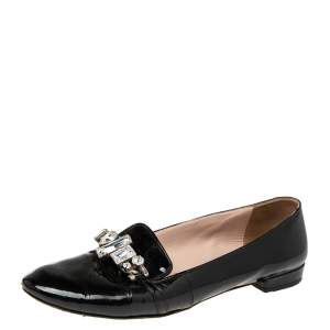 Miu Miu Black Patent Leather Crystal Embellished Loafers Size 38.5