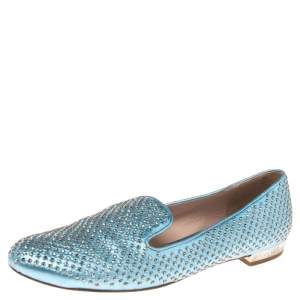 Pre Owned Miu Miu Metallic Blue Leather Stud Embellished Smoking Slippers 36.5