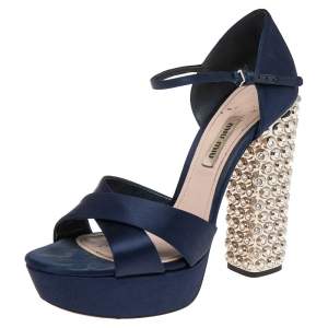 Miu Miu Dark Blue Satin Criss Cross Crystal Embellished Heel Sandals Size 38