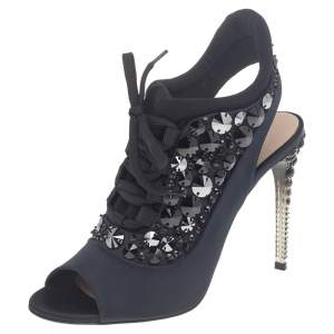 Miu Miu Black Satin And Fabric Crystal Embellished Open Toe Slingback Sandals Size 38