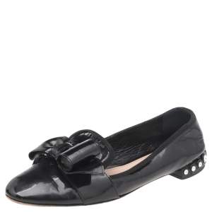 Miu Miu Black Patent Leather Bow Crystal Embellished Smoking Slippers Size 39 