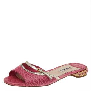 Miu Miu Pink Croc Embossed Leather Crystal Embellished Flat Slides Size 37