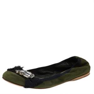 Miu Miu Olive Green Suede Crystal Embellished Scrunch Ballet Flats Size 38