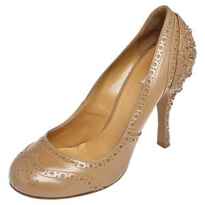 Miu Miu Brown Brogue Leather Crystal Embellished Heel Round Toe Pumps Size 36.5