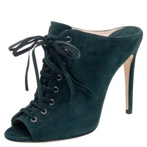 Miu Miu Green Suede Peep Toe Lace Up Mules Size 37.5