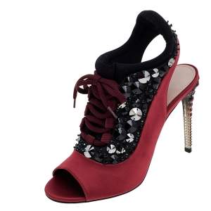 Miu Miu Red-Black Satin And Fabric Crystal Embellished Ankle Sandals Size 38
