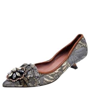 Miu Miu Grey Jacquard Embellished Pointed Toe Pumps Size 36