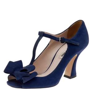 Miu Miu Blue Suede Bow T-Strap Ankle Strap Sandals Size 37.5