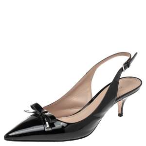 Miu Miu Black Patent Leather Bow Pointed Toe Slingback Sandals Size 38.5