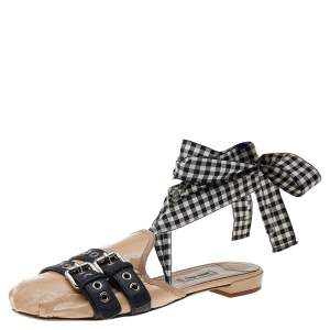 Miu Miu Beige Patent Leather Ankle Wrap Flat Mules Size 40