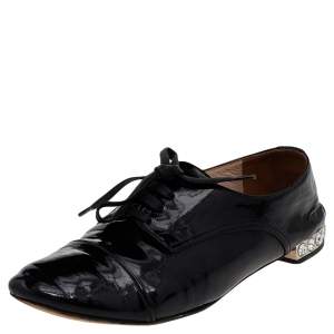 Miu Miu Black Patent Leather Crystal Embellished Heel Oxfords Size 36.5