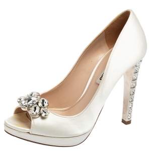 Miu Miu White Satin Crystal Embellished Heel Peep-Toe Platform Pumps Size 37