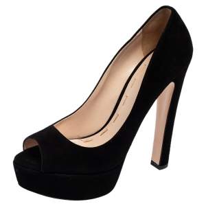 Miu Miu Black Suede Peep Toe Platform Pumps Size 40
