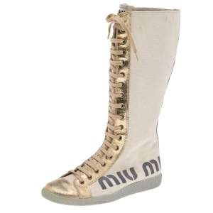 Miu Miu Beige/Metallic Gold Canvas And Crackle Leather Lace Up Calf Length Boots Size 37