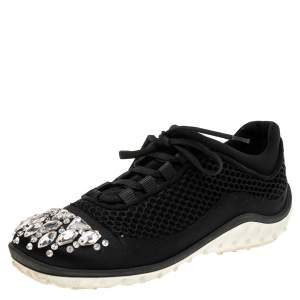 Miu Miu Black Mesh and Satin Crystal Embellished Low-Top Sneakers Size 36.5