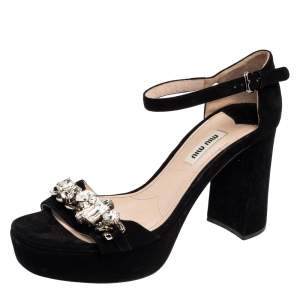 Pre Owned Miu Miu Black Suede Crystal Embellished Chain Link Platform Ankle-Strap Sandals Size 38