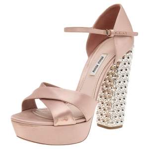 Miu Miu Beige Satin Crystal Embellished Block Heel Ankle Strap Platform Sandals Size 38.5