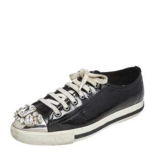 Miu Miu Black Patent Leather Crystal Embellished Low Top Sneakers Size 37.5