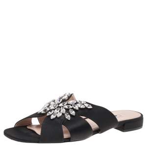 Miu Miu Black Satin Crystal Embellished Flat Sandals Size 39.5
