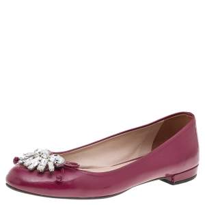 Miu Miu Burgundy Patent Leather Crystal Embellished Ballet Flats Size 38