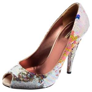 Miu Miu Multicolor Sequins Embellished Fabric Peep-Toe Pumps Size 40