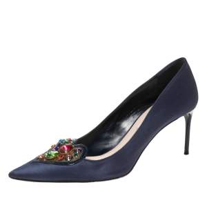 Miu Miu Navy Blue Satin Crystal Embellished Heart Pointed Toe Pumps Size 37.5