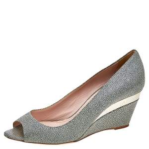 Miu Miu Grey Leather Peep Toe Wedge Pumps Size 36