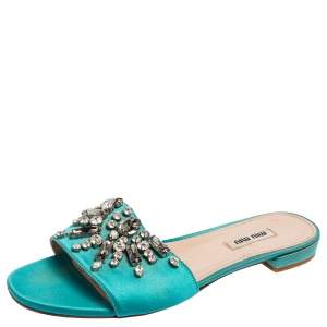 Miu Miu Blue Satin Crystal Embellished Slide Sandals Size 37