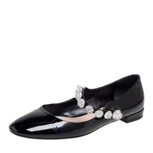 Pre Owned Miu Miu Black Patent Leather Crystal Embellished Mary Jane Ballet Flats Size 37.5