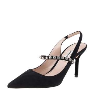 Miu Miu Black Suede Crystal Embellished Pointed Toe Slingback Sandals Size 36.5
