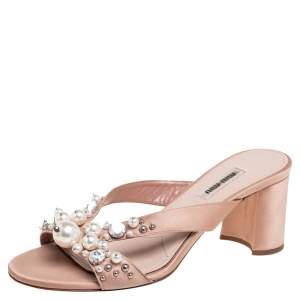 Miu Miu Beige  Satin Crystal And Pearl Embellished Slide Sandals Size 37.5