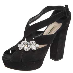 Miu Miu Black Suede Crystal Embellished Platform Sandals Size 40.5