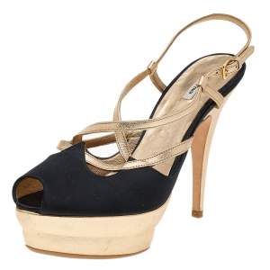 Miu Miu Black/Gold Satin And Leather Platform Slingback Sandals Size 37.5