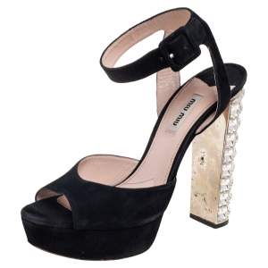 Miu Miu Black Suede Embellished Block Heel Peep Toe Platform Ankle Strap Sandals Size 39.5