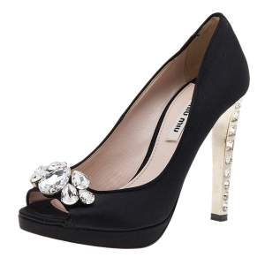 Miu Miu Black Satin Crystal Embellished Peep Toe Pumps Size 37.5